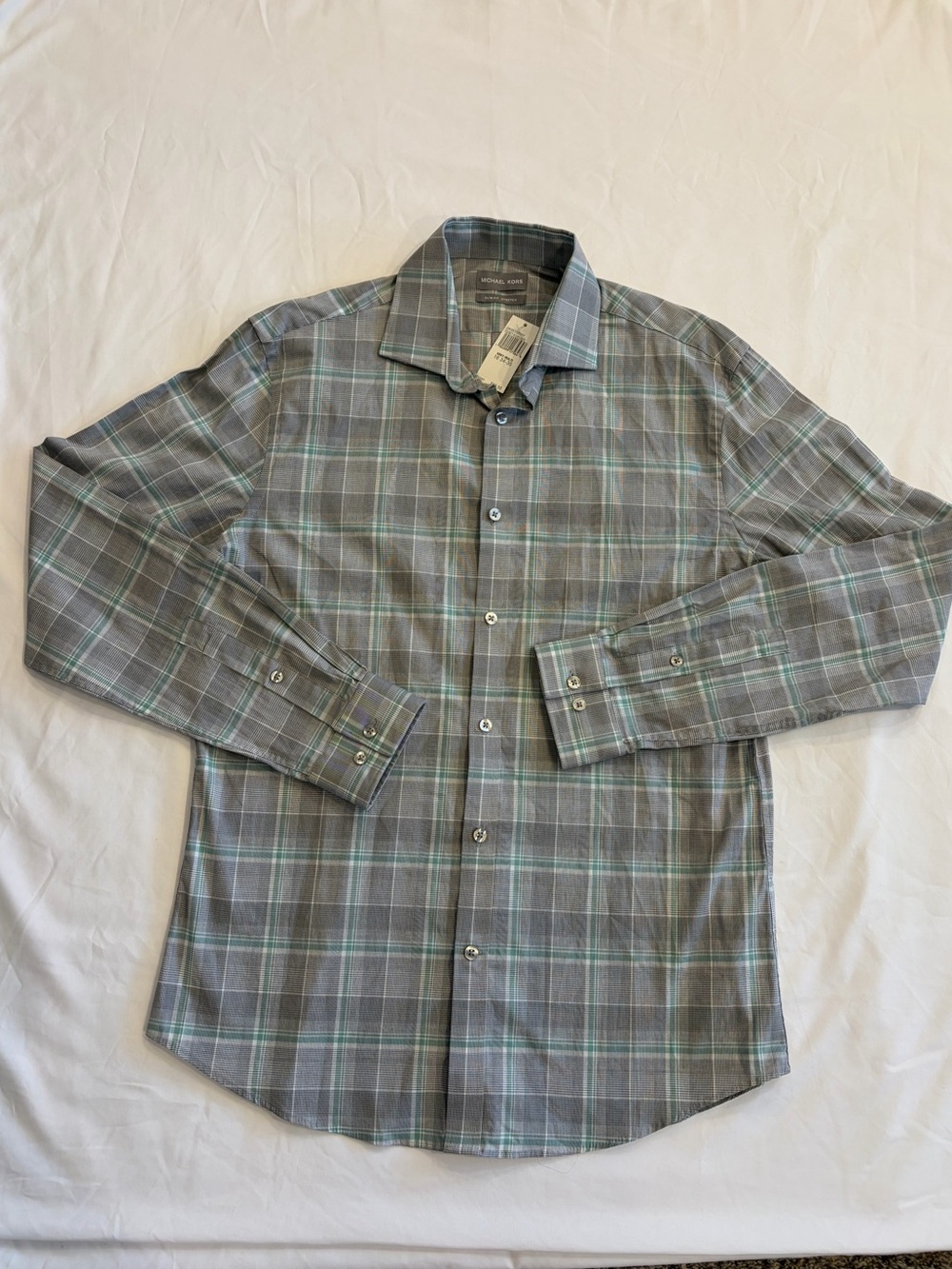 Michael Kors Slim Fit Stretch Gray/Green Plaid Dress Shirt 16 34-35